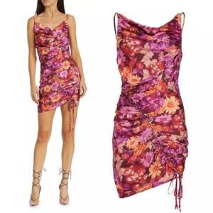 En Saison Giselle Floral Drawstring Cowl Neck Satin Silky Mini Dress Pink L NWT